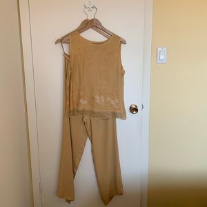 Silk. Pant suit. Gold/tan. Sleeveless top. Fully lined top and trousers.